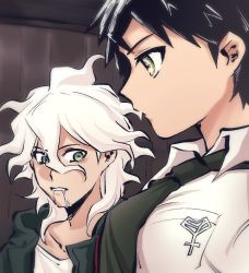 Rule 34 | 2boys, alternate pectoral size, badge, black hair, collarbone, collared shirt, commentary request, danganronpa (series), danganronpa 2: goodbye despair, dokudokudoku, from side, girl staring at guy&#039;s chest (meme), green eyes, green jacket, hinata hajime, jacket, komaeda nagito, large pectorals, looking at another, male focus, meme, multiple boys, muscle envy, muscular, muscular male, necktie, open clothes, open jacket, pectoral focus, pectorals, saliva, shirt, short hair, upper body, white hair, white shirt