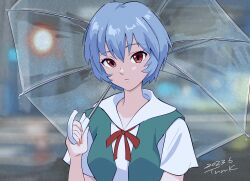 Rule 34 | 1girl, absurdres, artist name, ayanami rei, blue hair, blurry, blurry background, bow, bowtie, breasts, closed mouth, commentary, dated, depth of field, dress, dress shirt, dripping, expressionless, eyelashes, film grain, green dress, hair between eyes, hair strand, highres, holding, holding umbrella, lamppost, looking at viewer, neck ribbon, neon genesis evangelion, puddle, rain, red bow, red bowtie, red eyes, red ribbon, ribbon, school uniform, shirt, short hair, short sleeves, signature, skirt, small breasts, solo, suspender skirt, suspenders, tokyo-3 middle school uniform, transparent, transparent umbrella, tsunemoku, umbrella, upper body, very short hair, white shirt