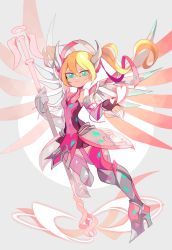 Rule 34 | 1girl, amakusa (hidorozoa), armored boots, blonde hair, blue eyes, boots, closed mouth, dress, fingerless gloves, floating, gloves, hair between eyes, high heel boots, high heels, holding, horns, long hair, looking at viewer, mercy (overwatch), overwatch, overwatch 1, pink dress, pink mercy, smile, solo, staff, standing, standing on one leg, twintails