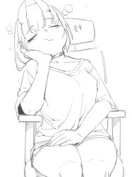 Rule 34 | 1girl, breasts, choker, closed mouth, collarbone, cowboy shot, dolphin shorts, greyscale, hand on lap, hand on own cheek, hand on own face, head rest, highres, horns, long sleeves, monochrome, on chair, oni, original, pointy ears, sake goroke, shirt, short hair, short sleeves, shorts, simple background, sitting, skin-covered horns, solo, squeans, thighs, white background