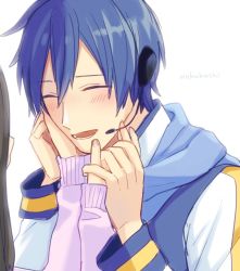 Rule 34 | 1boy, 1girl, artist name, bloom, blue hair, blue scarf, blush, brown hair, coat, commentary, closed eyes, facing another, holding hands, hand on another&#039;s cheek, hand on another&#039;s face, hands up, headset, kaito (vocaloid), master (vocaloid), nokuhashi, open mouth, pink sweater, ribbed sleeves, scarf, smile, solo focus, sweater, upper body, vocaloid, white background, white coat