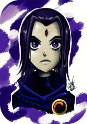 Rule 34 | 1girl, bindi, cartoon network, cloak, dc comics, portrait, purple eyes, purple hair, raven (dc), solo, teen titans