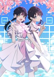 Rule 34 | 2girls, :d, absurdres, belt, black hair, blue eyes, blue sky, bow, cherry blossoms, closed mouth, commentary request, dress, falling petals, fujiwaland, hair bow, highres, holding hands, index finger raised, layered dress, leg up, link! like! love live!, long hair, looking at viewer, love live!, low twintails, multiple girls, murano sayaka, neck ribbon, nonaka kokona, open mouth, petals, pink dress, pink petals, real life, ribbon, running, sky, smile, teeth, twintails, two-tone dress, upper teeth only, virtual youtuber, voice actor, voice actor connection, white belt, white bow, white dress, white ribbon