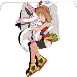 Rule 34 | 10s, 1girl, 3d, bike shorts, creatures (company), fanny pack, game freak, gen 6 pokemon, hair ribbon, highres, may (pokemon), may (pokemon oras), nintendo, pillow, pokemon, pokemon (creature), pokemon oras, ribbon, sylveon, transparent background, two side up
