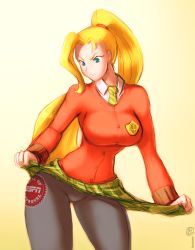 Rule 34 | 1girl, adapted costume, alternate costume, alternate hairstyle, blonde hair, breasts, buttons, cammy white, cardigan, clothes lift, contrapposto, cowboy shot, crest, espn, esports, green skirt, highres, large breasts, long hair, miniskirt, narrow waist, necktie, no headwear, pantyhose, ponytail, school uniform, skirt, skirt lift, solo, standing, street fighter, street fighter v, tacozama, very long hair