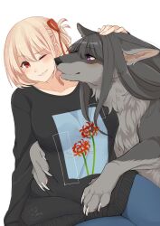 Rule 34 | 1girl, absurdres, affectionate, animal, animal ears, animalization, black fur, black sweater, blonde hair, blush, commentary request, dog, dog ears, galette71799907, hair ribbon, highres, inoue takina, licking, long sleeves, lycoris recoil, nishikigi chisato, one eye closed, purple eyes, red eyes, ribbon, short hair, signature, simple background, smile, sweater, tongue, tongue out, white background