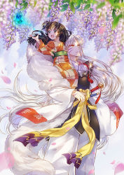 Rule 34 | 1boy, 1girl, armor, black hair, blurry, brown eyes, bug, butterfly, carrying, cat princess, checkered clothes, checkered kimono, depth of field, facial mark, forehead mark, fur, insect, inuyasha, japanese clothes, kimono, long hair, petals, pointy ears, rin (inuyasha), sesshoumaru, shoulder carry, silver hair, sitting on shoulder, standing, sword, weapon, yellow eyes