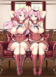 Rule 34 | 2girls, absurdres, armpits, arms behind head, arms up, blush, boots, breasts, breasts out, cleavage, couch, dress, giuseppe garibaldi (kancolle), hat, highres, hiyohiyo, inverted nipples, kantai collection, large breasts, long hair, looking at viewer, luigi di savoia duca degli abruzzi (kancolle), multiple girls, navel, nipples, no bra, open clothes, pink eyes, pink hair, red hair, short hair, siblings, sisters, sitting, smile, sweatdrop, twins, uniform