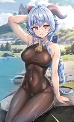Rule 34 | 1girl, ahoge, bare shoulders, bell, black leotard, blue hair, bodystocking, bodysuit, breasts, closed mouth, commentary request, covered navel, cowbell, ganyu (genshin impact), genshin impact, goat horns, highres, horns, koyuki (kotatsu358), leotard, leotard under clothes, long hair, looking at viewer, medium breasts, neck bell, outdoors, pantyhose, purple eyes, sitting, skin tight, smile, solo, thighs, wet
