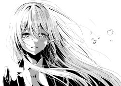 Rule 34 | 1girl, attsun (atsushi jb), blush, collared shirt, crying, crying with eyes open, greyscale, hair between eyes, highres, jacket, long hair, looking at viewer, monochrome, necktie, open clothes, open jacket, original, parted lips, shirt, simple background, solo, tears, white background