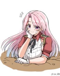 Rule 34 | 1girl, black ribbon, blush, breasts, buried, gloves, kantai collection, large breasts, long hair, looking at viewer, luigi di savoia duca degli abruzzi (kancolle), multicolored hair, neck ribbon, notice lines, one-hour drawing challenge, pink hair, purple eyes, red hair, ribbon, short sleeves, simple background, solo, streaked hair, suke (share koube), sweat, through ground, twitter username, white background, white gloves
