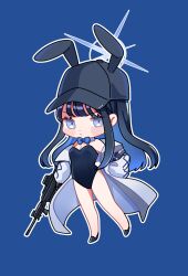 Rule 34 | 1girl, absurdres, animal ears, artist request, assault rifle, bare legs, baseball cap, black hair, black leotard, blue archive, blue background, blue eyes, blue hair, bow, bowtie, coat, commentary request, detached collar, fake animal ears, full body, gun, halo, hat, highleg, highleg leotard, highres, leotard, long hair, looking at viewer, off shoulder, playboy bunny, rabbit ears, rifle, saori (blue archive), solo, strapless, weapon, white coat