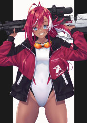 Rule 34 | 1girl, antenna hair, arms note, black jacket, blue eyes, blue sky, breasts, bullpup, cloud, competition swimsuit, cowboy shot, dark skin, fukai ryosuke, goggles, goggles around neck, grin, gun, highleg, highleg swimsuit, highres, jacket, multicolored clothes, multicolored hair, multicolored jacket, multicolored swimsuit, one-piece swimsuit, orange-tinted eyewear, red hair, rifle, sky, small breasts, smile, solo, streaked hair, suppressor, swimsuit, tinted eyewear, two-tone jacket, weapon, weapon request, white hair, white one-piece swimsuit