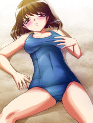Rule 34 | 00s, 1girl, beach, blush, breasts, brown eyes, brown hair, crotch, covered erect nipples, hagiwara yukiho, idolmaster, idolmaster (classic), idolmaster 1, kirin kakeru, looking at viewer, lying, on back, on ground, one-piece swimsuit, outdoors, parted lips, sand, school swimsuit, short hair, solo, spread legs, swimsuit, thighs