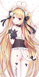 Rule 34 | &gt; &lt;, 1girl, ahoge, animal ears, ass, bad id, bad pixiv id, bare shoulders, bed sheet, bell, black bow, blonde hair, blush, bow, cat ears, cat girl, cat tail, closed mouth, commentary request, detached sleeves, garter straps, hair bell, hair between eyes, hair bow, hair ornament, heart, heart ahoge, highres, jingle bell, long hair, looking at viewer, looking back, lying, niliu chahui, on stomach, original, panties, puffy short sleeves, puffy sleeves, red eyes, short sleeves, smile, solo, tail, thighhighs, tokisaki asaba (niliu chahui), twintails, two side up, underbust, underwear, very long hair, white panties, white thighhighs, wrist cuffs