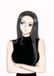 Rule 34 | 1girl, black hair, black shirt, blue eyes, closed mouth, commentary, crossed arms, eyelashes, facing viewer, highres, long hair, looking to the side, loose hair strand, nico robin, one piece, pink lips, shirt, simple background, sleeveless, sleeveless shirt, solo, turtleneck, upper body, white background, yang77780185