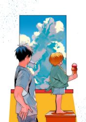 Rule 34 | 2boys, absurdres, barefoot, black hair, blonde hair, blue shorts, child, cloud, commentary, day, facing away, food, food in mouth, gash bell, green shirt, grey shirt, hand on own hip, highres, holding, holding food, holding ice cream, ice cream, ice cream cone, konjiki no gash!!, korean commentary, male focus, mouth hold, multiple boys, popsicle, shirt, short hair, short sleeves, shorts, simple background, standing, takamine kiyomaro, tied shirt, wangcheolgab, white background