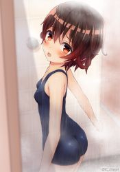 Rule 34 | 1girl, ass, blue one-piece swimsuit, blush, breasts, brown hair, gradient hair, indoors, kantai collection, multicolored hair, mutsuki (kancolle), one-piece swimsuit, ootori (kyoya-ohtori), open mouth, orange eyes, red hair, short hair, showering, small breasts, solo, steam, swimsuit, tiles, twitter username