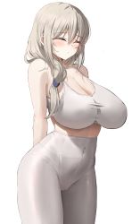 Rule 34 | 1girl, absurdres, arms behind back, bare shoulders, blush, breasts, cleavage, closed eyes, covered navel, grey hair, hair over shoulder, high-waist pants, highres, huge breasts, k pring, long hair, mature female, pants, sagging breasts, sports bra, standing, unfinished, uzaki-chan wa asobitai!, uzaki tsuki, white background, white pants, yoga pants