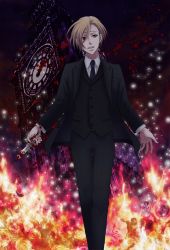 Rule 34 | 1boy, black necktie, black pants, black suit, black vest, blonde hair, blood, blood on hands, bloody weapon, elizabeth tower, feet out of frame, fire, flower, formal, fumizuki ayako, holding, holding knife, knife, long sleeves, looking at viewer, male focus, necktie, pants, red eyes, solo, standing, suit, vest, weapon, william james moriarty, yuukoku no moriarty