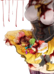 Rule 34 | 10s, 1girl, bad id, bad pixiv id, blood, blood on clothes, blood on hands, breasts, cake, corset, food, head out of frame, headless, mahou shoujo madoka magica, mahou shoujo madoka magica (anime), mami mogu mogu, pudding, solo, striped clothes, striped thighhighs, thighhighs, tomoe mami, vertical-striped clothes, vertical-striped thighhighs