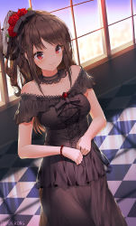 Rule 34 | 1girl, black bow, black dress, blurry, blurry background, blush, bow, breasts, brown hair, checkered floor, closed mouth, collarbone, dduck kong, depth of field, dress, flower, hair bow, hair flower, hair ornament, highres, indoors, long hair, looking at viewer, medium breasts, off-shoulder dress, off shoulder, original, red eyes, red flower, red rose, rose, signature, sleeveless, sleeveless dress, smile, solo, standing, window