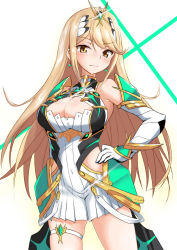 Rule 34 | 1girl, blonde hair, blush, breasts, cleavage, cleavage cutout, closed mouth, clothing cutout, commentary request, elbow gloves, gloves, hand on own hip, highres, long hair, looking at viewer, medium breasts, mythra (xenoblade), nintendo, solo, standing, tachi (mtd), tiara, white gloves, xenoblade chronicles (series), xenoblade chronicles 2, xenoblade chronicles (series), xenoblade chronicles 2, yellow eyes