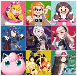 Rule 34 | 6+girls, absurdres, anger vein, blue eyes, blue hair, braid, brown hair, cape, claws, clothed pokemon, coat, corrin (female) (fire emblem), corrin (fire emblem), cosplay pikachu, creatures (company), electricity, english text, fangs, female focus, fire emblem, fire emblem awakening, fire emblem fates, game freak, gen 1 pokemon, gen 2 pokemon, gloves, hat, highres, ice climber, inkling, inkling girl, inkling player character, ivysaur, jigglypuff, leaf (pokemon), looking at viewer, lucina (fire emblem), mario (series), matching hair/eyes, multiple girls, nana (ice climber), nintendo, orange eyes, orange hair, pichu, pikachu, pikachu libre, pointy ears, pokemon, pokemon (creature), pokemon frlg, robin (female) (fire emblem), robin (fire emblem), sarukaiwolf, silver hair, sleeveless, smile, splatoon (series), super smash bros., tentacle hair, twin braids, wendy o. koopa, winter clothes, winter coat
