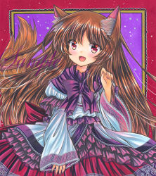 Rule 34 | 1girl, :d, adapted costume, animal ear fluff, animal ears, bow, bowtie, brown hair, brown tail, buttons, cape, cowboy shot, fang, floral print, frilled shirt, frills, imaizumi kagerou, long sleeves, looking at viewer, marker (medium), nail polish, open mouth, pink nails, purple background, purple bow, purple bowtie, purple cape, red eyes, red skirt, rui (sugar3), sample watermark, shirt, skin fang, skirt, smile, solo, tail, touhou, traditional media, watermark, white shirt, wide sleeves, wolf ears, wolf tail