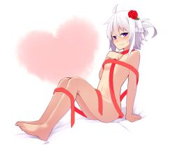 Rule 34 | 1girl, arm support, blue eyes, blush, braid, breasts, closed mouth, copyright request, flower, from side, full body, hair between eyes, hair ornament, hand on own chest, heart, legs together, looking at viewer, naked ribbon, navel, on bed, red flower, red rose, ribbon, rose, shako (syakoba3), silver hair, sitting, small breasts, smile, solo
