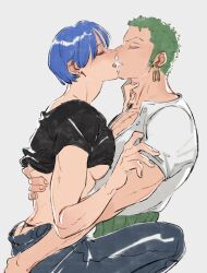 Rule 34 | 1boy, 1girl, aged up, back, black panties, black shirt, blue hair, breasts, closed eyes, clothes lift, earrings, from side, green hair, hand on another&#039;s arm, hand on another&#039;s back, hetero, highres, jewelry, kiss, kuina, mcbuckwheat, medium breasts, muscular, muscular female, muscular male, one piece, panties, pectorals, profile, roronoa zoro, scar, scar on chest, shirt, shirt lift, short hair, short sleeves, sitting, sitting on lap, sitting on person, thong, time paradox, underboob, underwear, upper body, v-neck, v-shaped eyebrows, very short hair, white shirt