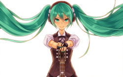 Rule 34 | 1girl, dress, fingerless gloves, gloves, green eyes, green hair, guitar, hatsune miku, headphones, highres, instrument, long hair, nail polish, nidy, smile, solo, twintails, very long hair, vocaloid, white background