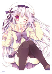 Rule 34 | 1girl, ;d, animal ears, beret, black bow, black thighhighs, blush, bow, brown footwear, cardigan, dog ears, dog girl, dog tail, fang, fingernails, grey skirt, hair between eyes, hair bow, hand up, hat, head tilt, highres, loafers, long hair, long sleeves, looking at viewer, lying, on back, one eye closed, open mouth, original, panties, pleated skirt, polka dot, polka dot bow, purple hair, red eyes, scarf, school uniform, serafuku, shiratama (shiratamaco), shiroi inu, shoes, simple background, skirt, sleeves past wrists, smile, solo, striped clothes, striped scarf, tail, thighhighs, underwear, very long hair, white background, white hat, white panties