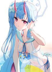 Rule 34 | 1girl, adjusting hair, asymmetrical hair, ball, beachball, bikini, blue archive, blue bikini, blue hair, breasts, chise (blue archive), chise (swimsuit) (blue archive), commentary request, cowboy shot, flower, hair flower, hair ornament, halo, highres, horns, light blush, looking at viewer, okishiro, oni horns, parted lips, partial commentary, pink eyes, pink horns, sailor collar, side-tie bikini bottom, side ponytail, simple background, small breasts, solo, striped bikini, striped clothes, swimsuit, white background, white sailor collar, wristband