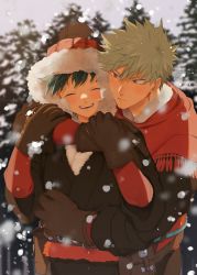 Rule 34 | 2boys, bakugou katsuki, belt, black coat, blonde hair, blurry, blurry background, blush, boku no hero academia, brown bag, brown belt, brown gloves, brown headwear, closed mouth, coat, closed eyes, freckles, fringe trim, fur-trimmed coat, fur-trimmed headwear, fur trim, gloves, goodbye glory, green hair, hand on another&#039;s arm, hat, highres, hug, hug from behind, long sleeves, looking at another, male focus, midoriya izuku, multiple boys, official alternate costume, open mouth, outdoors, red eyes, red scarf, scarf, short hair, smile, snowing, spiked hair, standing, tree, yaoi