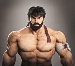 Rule 34 | 1boy, 3d, abs, alternate costume, anubisdhl, beard, biceps, black hair, brown eyes, capcom, eyebrows, facial hair, headband, highres, looking at viewer, male focus, muscular, pectorals, realistic, ryu (street fighter), scar, solo, street fighter, street fighter v, thick eyebrows, upper body