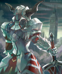 Rule 34 | 1girl, armor, armored dress, clarent (fate), clock, clock tower, fake horns, fate/apocrypha, fate/grand order, fate (series), from behind, gauntlets, helmet, horned helmet, horns, kim yura (goddess mechanic), mordred (fate), mordred (fate/apocrypha), rain, shoulder armor, solo, sword, tower, twitter username, weapon