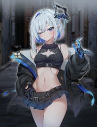 Rule 34 | 1girl, ;), absurdres, alley, alternate breast size, alternate costume, amane kanata, bare shoulders, belt, black belt, black gloves, black halo, black jacket, black shirt, black skirt, blue gloves, blue hair, blurry, blurry background, bra strap, breasts, center-flap bangs, chain, chest belt, cigarette, cleavage cutout, closed mouth, clothing cutout, colored inner hair, commentary, cowboy shot, cropped shirt, double-parted bangs, earrings, gloves, grey hair, halo, hand up, highres, holding, holding cigarette, hololive, hololive grand theft auto, jacket, jewelry, looking at viewer, medium breasts, microskirt, multicolored hair, navel, off shoulder, one eye closed, pink hair, pleated skirt, purple eyes, shirt, short hair, single hair intake, skirt, sleeveless, sleeveless shirt, smile, solo, spiked ear piercing, standing, star cutout, stomach, streaked hair, tjrwnsleo, two-sided gloves, virtual youtuber