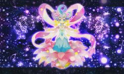 Rule 34 | artist request, bare shoulders, bloom diva the melodious choir, blue eyes, dress, duel monster, flower, full body, multicolored hair, music, musical note, petals, ribbon, sash, silver hair, sleeveless, solo