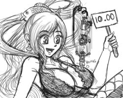 Rule 34 | 1boy, 1girl, borockman, bouncing breasts, breasts, cleavage, full body, giant, giantess, happy, jumping, large breasts, monkey d. luffy, monochrome, nose, one piece, open mouth, portrait, shirahoshi, sign, size difference, sketch, smile, somersault, sound effects, tareme