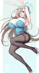 Rule 34 | 1girl, absurdres, akitokage, animal ears, asuna (blue archive), asuna (bunny) (blue archive), bare shoulders, blue archive, blue eyes, blue leotard, blush, breasts, cleavage, detached collar, fake animal ears, gloves, hair over one eye, highres, huge breasts, legs, leotard, light brown hair, long hair, looking at viewer, mole, mole on breast, one eye closed, open mouth, pantyhose, playboy bunny, rabbit ears, smile, solo, thighs, white gloves