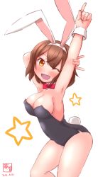 Rule 34 | 10s, 1girl, ;d, animal ears, arched back, areola slip, arm behind head, arm up, armpits, blush, bow, bowtie, breasts, brown hair, dated, detached collar, fake animal ears, hair ornament, hairband, highres, kanon (kurogane knights), kantai collection, leotard, looking at viewer, m/, medium breasts, neck ribbon, one eye closed, open mouth, orange eyes, orange hairband, outstretched arm, playboy bunny, rabbit tail, red ribbon, ribbon, shiratsuyu (kancolle), short hair, smile, solo, star (symbol), tail, wrist cuffs