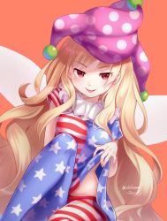 Rule 34 | 1girl, :p, american flag dress, artist name, blonde hair, breasts, chikuwa savy, clothes lift, clownpiece, commentary request, fairy wings, feet out of frame, groin, hat, highres, jester cap, knee up, long hair, looking at viewer, orange background, pantyhose, polka dot, red eyes, red stripes, shirt lift, sidelocks, simple background, sitting, small breasts, solo, star (symbol), star print, tongue, tongue out, touhou, v-shaped eyebrows, very long hair, wavy hair, wings