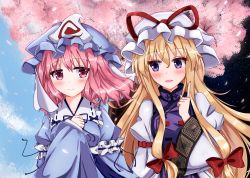 Rule 34 | 2girls, blonde hair, blue hat, blue kimono, blue neckwear, blue sky, blush, breasts, cherry blossoms, closed mouth, cloud, cloudy sky, collar, collarbone, commentary request, day, dress, eyelashes, facing viewer, gradient eyes, hair between eyes, hair ribbon, hand on own chest, hand up, hat, hat ribbon, ibuibuyou, index finger raised, japanese clothes, jitome, juliet sleeves, kimono, large breasts, long hair, long sleeves, mob cap, multicolored eyes, multiple girls, neck ribbon, night, night sky, open mouth, petals, pink eyes, pink hair, puffy sleeves, purple eyes, red ribbon, ribbon, ribbon-trimmed collar, ribbon trim, saigyouji yuyuko, short hair, sky, smile, split theme, star (sky), starry sky, tabard, talking, touhou, tree, triangular headpiece, turtleneck, upper body, v-neck, white dress, white hat, wide sleeves, yakumo yukari