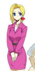 Rule 34 | 1boy, 1girl, blonde hair, blue eyes, business suit, formal, jacket, jewelry, michael f91, necklace, own hands together, pencil skirt, ponytail, simple background, skirt, skirt suit, solo focus, suit, white background