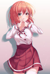 Rule 34 | 1girl, absurdres, blush, braid, breasts, collarbone, commentary request, crossed fingers, gradient background, hands up, highres, long sleeves, looking at viewer, medium breasts, medium hair, oert129, pleated skirt, red eyes, red hair, red ribbon, ribbon, sailor collar, sakurasawa sumi, school uniform, shirt, side braid, skirt, solo, thighhighs, white sailor collar, white thighhighs, x fingers, zettai ryouiki