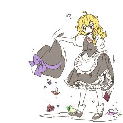 Rule 34 | 1girl, ?, bad id, bad twitter id, blonde hair, bloomers, blue bow, blue ribbon, book, bow, clothes lift, commentary request, dress, dress lift, female focus, flask, full body, glass bottle, hat, hat bow, hat ribbon, highres, iiwake, kirisame marisa, long hair, looking down, mary janes, mushroom, no nose, partially colored, pocket, potion, ribbon, shoes, solo, standing, star (symbol), sweat, touhou, underwear, white background, witch hat, yellow eyes