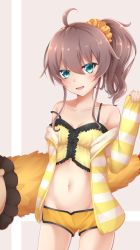 Rule 34 | 1girl, ahoge, animal-shaped pillow, bare shoulders, blue eyes, blush, breasts, brown hair, cleavage, collarbone, commentary request, ebi frion (matsuri channel), groin, hair between eyes, highres, hololive, midriff, natsuiro matsuri, natsuiro matsuri (matsuri&#039;s day off), navel, off shoulder, open mouth, rin (0917608), shorts, side ponytail, simple background, small breasts, solo, strap slip, virtual youtuber