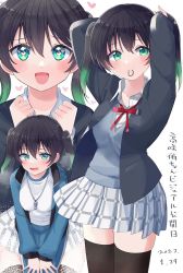 Rule 34 | :d, adjusting hair, arms up, black hair, black jacket, black thighhighs, blue jacket, blue pants, breasts, collared shirt, cowboy shot, cream (nipakupa), gradient hair, green eyes, green hair, grey skirt, gym uniform, hair between eyes, hair tie, heart, heart-shaped pupils, jacket, long sleeves, love live!, love live! nijigasaki high school idol club, medium hair, mouth hold, multicolored hair, multiple views, neck ribbon, nijigasaki school uniform, open mouth, pants, plaid, plaid skirt, pleated skirt, ribbon, school uniform, shirt, simple background, skirt, smile, sweater, symbol-shaped pupils, takasaki yu, thighhighs, translation request, twintails, two-tone hair, upper body, whistle, whistle around neck, white background, white shirt, zettai ryouiki