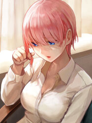 Rule 34 | 1girl, blue eyes, breasts, cleavage, collared shirt, commentary request, curtains, go-toubun no hanayome, hair between eyes, highres, indoors, ishiyuki, large breasts, long sleeves, nakano ichika, pink hair, shirt, short hair, sitting, solo, upper body, white shirt